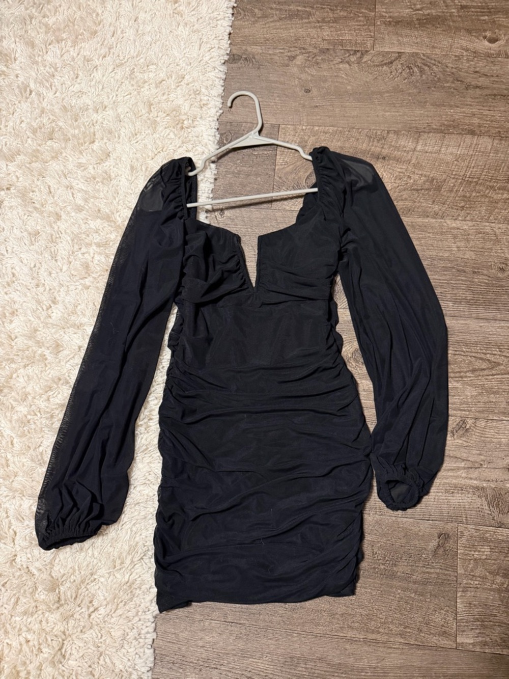 Black Long-Sleeve Ruched Mini Dress